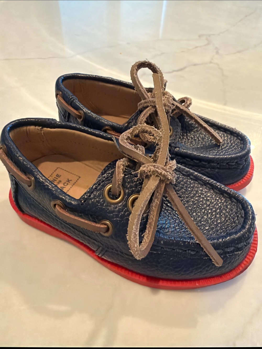 Janie and Jack Navy Blue Moccasin Boat Shoes with Red Sole